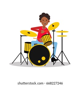 Young black mucisian man playing on drum kit cartoon character vector Illustration