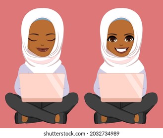 Young black muslim teenager girl on two different pose studying sitting with laptop on lap