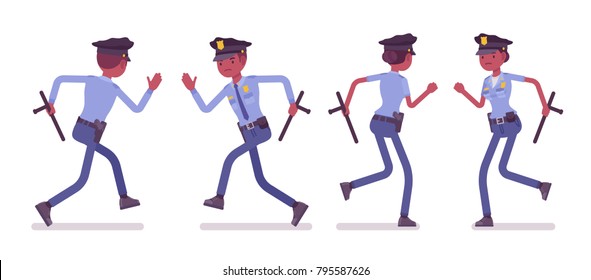 Young black officers running, policeman and policewoman, members of a police force following a criminal. Law and justice concept. Vector flat style cartoon illustration isolated on white background