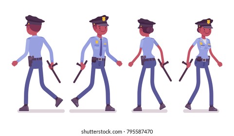 Young black officers walking, policeman and policewoman, members of police force patrolling neighborhoods. Law and justice concept. Vector flat style cartoon illustration isolated on white background