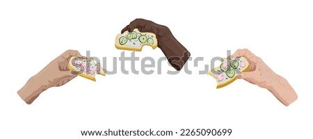 Young, black, old hands with bitten off vegan healthy sandwiches with radishes, cucumbers and spring onion. Personal point of view. Result of cooking. Vector isolated concept