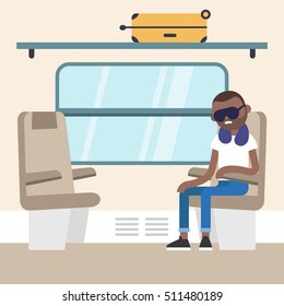 Young black passenger sitting in the train compartment / editable flat vector illustration