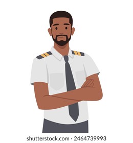 Young black pilot crossed his hand. Flat vector illustration isolated on white background