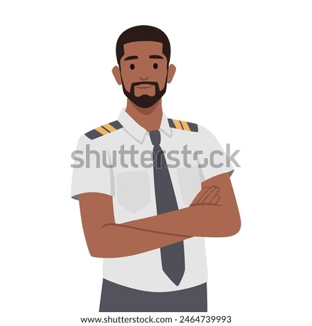 Young black pilot crossed his hand. Flat vector illustration isolated on white background