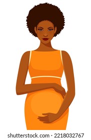 joven mujer negra embarazada con elegante vestido naranja. Concepto de embarazo o maternidad. Ilustración de estilo de vida. Caricatura aislada en blanco.