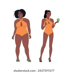 Young black Pretty girl before and after diet in bikini isolated. Vector cartoon flat style illustration