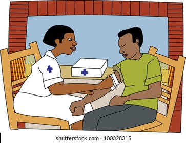 Young black professional nurse attending to a patient with an injury	