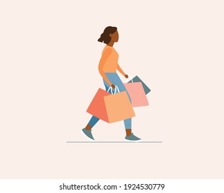 Young black skin woman with shopping bags. Modern colorful vector illustration in cartoon flat style