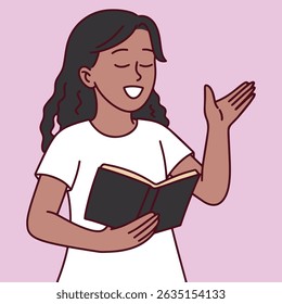 Young black skinned girl sitting peacefully while holding and reading a book, with a calm and joyful expression, representing mindfulness and love for learning