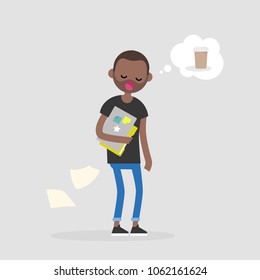 Young black sleepy manager dreaming about coffee. Morning at the office. Daily life. Flat editable vector illustration, clip art