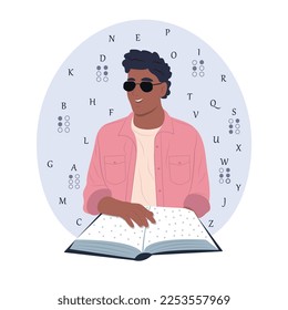 Young black smiling blind man wearing glasses reads something in braille. World Braille Day. Vector flat illustration