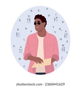 Young black smiling blind man wearing glasses reads something in braille. World Braille Day. Vector flat illustration.