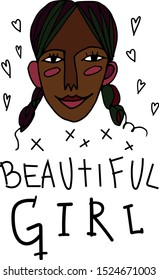 young black smiling girl on isolated background. bodypositive quote "beautiful girl".