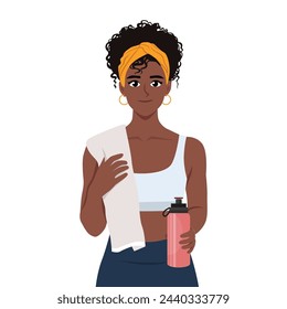 Young black sports woman holding water bottle and towel on her shoulder. Flat Vector Illustration Isolated on White Background