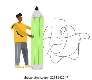 A young black student is flying on a big pencil, like on a rocket. Education, drawing, creating, blogging, concept. Flat design style minimal vector illustration.
