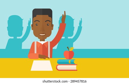 A Young Black Student Raising His Hand With A Smile. A Contemporary Style With Pastel Palette, Soft Green Tinted Background. Vector Flat Design Illustration. Horizontal Layout With Text Space In Right
