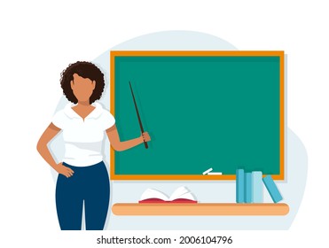 A Young Black Teacher On The Background Of A Blackboard With A Pointer. A Woman In Class. Vector Illustration In Flat Style