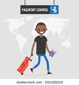 Young black traveler passing a passport control. International Flight. Navigation sign. Tourism. World map. Flat editable vector illustration, clip art