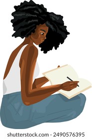 Young black woman with afro hair writing in notebook with pen, sitting, vector