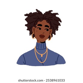 Young black woman with afro hairstyle portrait for user profile. Female avatar with cute face. Head of happy girl with earrings, necklace. Flat isolated vector illustration on white background