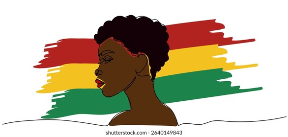 Young black woman against a background of red, yellow and green stripes. Continuous line drawing of an African girl. Celebrating Juneteenth Freedom Day