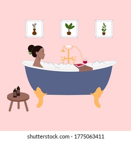 Young black woman in bath is relaxing with book and glass of wine. Everyday routine at home. Feminine life, home leisure and recreation activity. Flat illustration. Bathroom interior. 