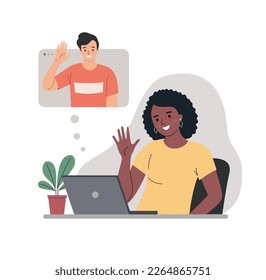 Young Black woman before the laptop chatting with man.  Vector flat style cartoon illustration Flat style cartoon vector illustration. 