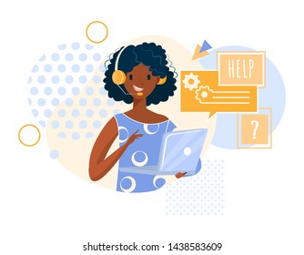 Young black woman call center operator helps customers, answers questions in headphones, with a microphone, laptop. The concept of technical support, feedback. Character in cartoon flat style.