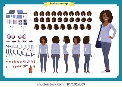 Young Black Woman, Casual Clothes. Character Creation Set. Full Length, Different Views, Emotions, Gestures, Isolated Against White Background. Build Your Own Design. Cartoon Flat-style Vector 