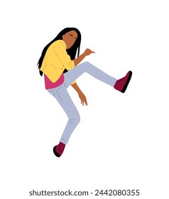 Young black woman in casual clothes dancing.