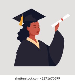 Young black woman celebrating her graduation. Graduate with a diploma and graduate cap. Concept for happy graduation poster or card template design. Flat vector illustration