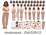 Young black woman character constructor. Business girl or secretary. Set of different positions of arms legs body and head to create your own illustrations or animations. DIY kit. Vector illustration 