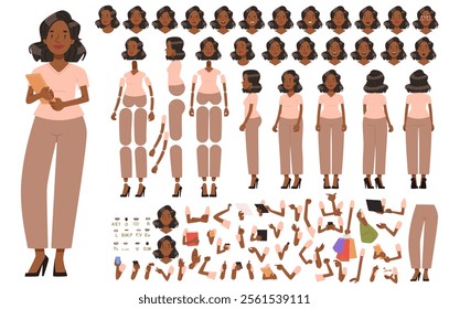 Young black woman character constructor. Business girl or secretary. Set of different positions of arms legs body and head to create your own illustrations or animations. DIY kit. Vector illustration 