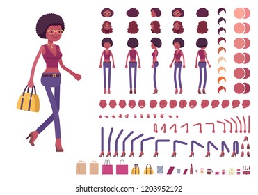 Young Black Woman Character Creation Set. Millennial Slim Girl With Cute Afro Hair. Full Length, Different Views, Emotions, Gestures. Build Your Own Design. Cartoon Flat Style Infographic Illustration