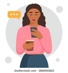 Young black woman chatting online. Cell phone conversation, sending messages, network communication. Vector illustration isolated on white background.