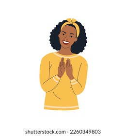 Young Black woman clapping hands thanking or showing appreciation at event.  Vector cartoon flat style illustration