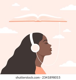 Young black woman with closed eyes listening to an audiobook. Side portrait of a woman wearing headphones connected to an open book above her. Flat vector illustration