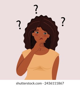 Young black woman with curly hair in a thoughtful and confused moment. The expressive pose conveys a mix of contemplation and curiosity