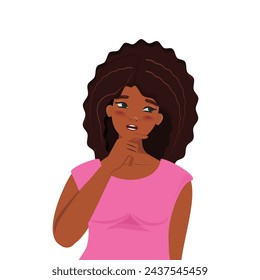 Young black woman deep in thought, her index finger delicately placed on her chin, portraying a sense of confusion and contemplation