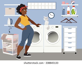 Young Black Woman Doing Laundry In Her House, EPS 8 Vector Illustration