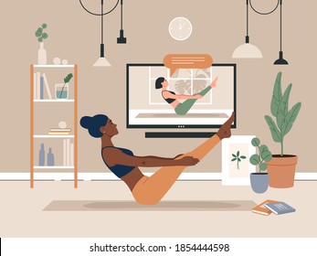 Young black woman doing yoga exercise with video online course in home. Cozy room interior background with trendy shelf, plants, pictures, lamps and tv. Flat vector illustration.