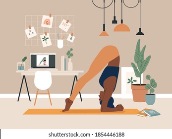 Young black woman doing yoga exercise with video course in home. Cozy room interior background with laptop, plants, pictures, table and chair. Flat vector illustration.