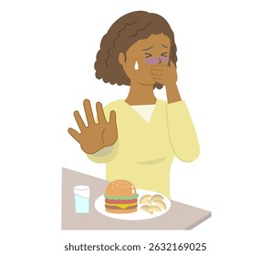 Young Black woman feeling nauseous, covering her mouth with her hand, unable to eat her meal