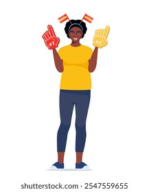 Joven mujer negra personaje de hincha de fútbol con dedos de espuma de hincha apoyando al equipo favorito. Aficionado al fútbol. Vector