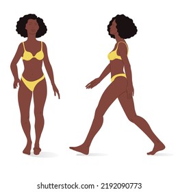 Young Black Woman, Full Body Of A Woman, Front And Side Views. Isometric Vector Illustration Of A Person Standing Still And A Person Walking.