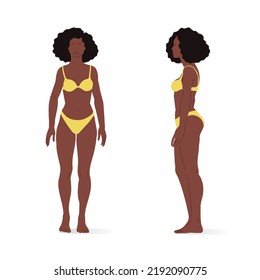 Young Black Woman, Full Body Of A Woman, Front And Side Views. Isometric Vector Illustration Of A Person Standing Still And A Person Walking.