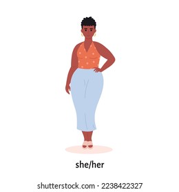 Mujer negra joven con pronombre de género. Ella, él, ellos, no binarios. Movimiento neutral en materia de género. Comunidad LGBTQ. Ilustración vectorial dibujada por mano