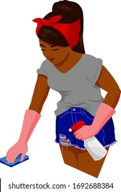 A young black woman in gloves, shorts and T-shirt cleans, disinfects, and sanitizes a surface. 