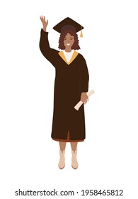 Young black woman with hands up, happy student graduated from college, university, wearing academic mantle, mortar board and holding certificate. Afro american female isolated on white background