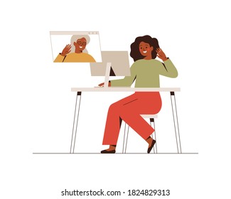 Young Black Woman Has A Video Call With Her Mature Mother. Happy Daughter Makes Online Conversation With Her Grandmother At The Computer. Family Web Communication. Vector Illustration 